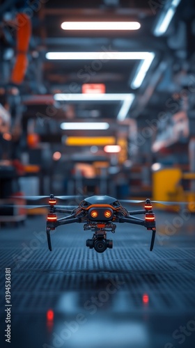 Drone in flight in an industrial setting, captures the space. Great for presentations about industry and technology.