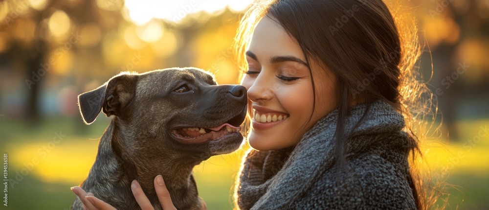 Woman with a dog on a walk in the park, sunny day. For blogs about animals, social networks, pet store ads.