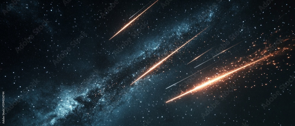 Cosmic background with shooting stars and galaxies, suitable for scientific articles, book covers, space theme design.