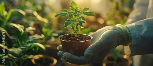 Gloved hands holding a pot with a young plant, great for articles on gardening, environmental initiatives, home care blogs.