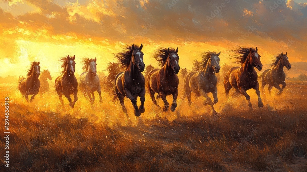 Wild horses galloping through a field at sunset, creating a sense of freedom and nature. Suitable for illustrations about wildlife, travel, adventure.