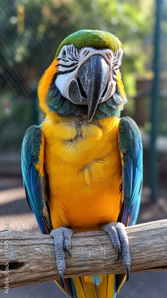 Yellow-green parrot with bright plumage sits on a branch, showing the beauty of wildlife. Suitable for projects about animals, ecology.