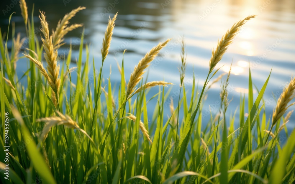 Lush green grasses sway beside a tranquil body of water, reflecting soft golden light Lush green grasses sway beside a tranquil body of water, reflecting soft golden light