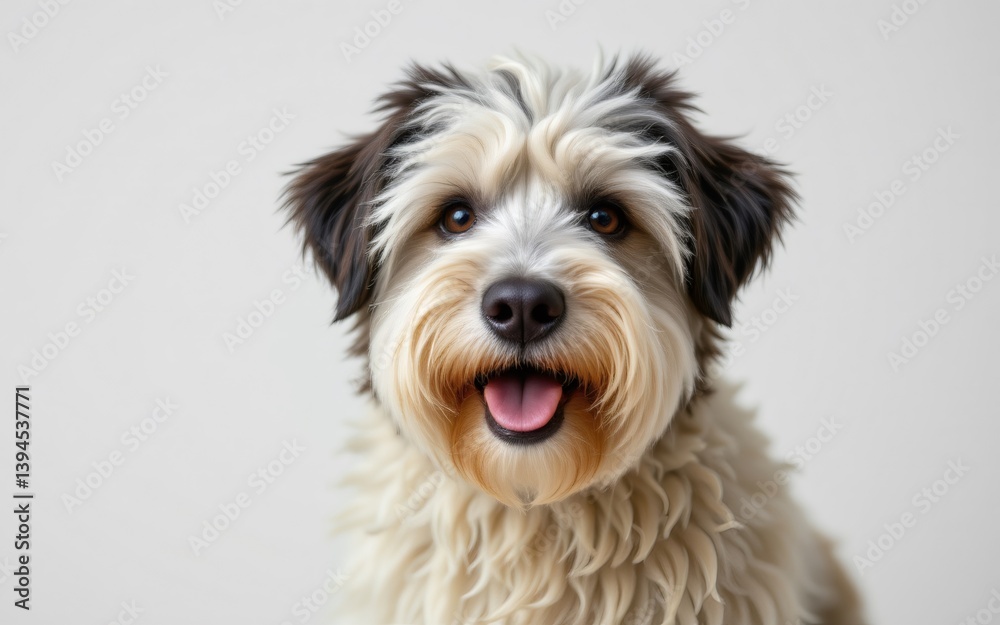 A fluffy dog with a happy expression, featuring a curly coat and bright eyes set against a neutral background A fluffy dog with a happy expression, featuring a curly coat and bright eyes set against a neutral background