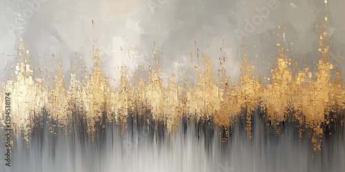 Abstract oil painting of a grey and gold forest with intricate details on a white background, capturing the harmony of nature in an elegant, minimalist composition