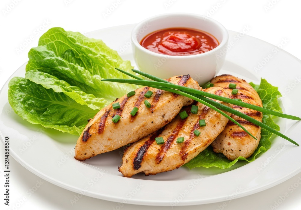 Grilled chicken breasts with lettuce chives and ketchup on a white plate close up studio shot food
