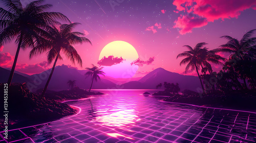 A retro 80s vaporwave-style landscape with neon grid lines, palm trees, and a vibrant pink and purple sunset photo