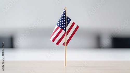 American Flag on Wooden Pick Minimalist Style High Resolution Portrait Close-up View Patriotism Theme Blurred Background Red White Blue Tones Perfect for Holiday Greetings