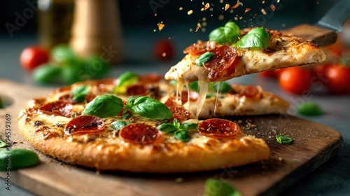 A tempting pizza showcasing melted cheese and savory toppings, garnished with fresh basil leaves for extra flavor.