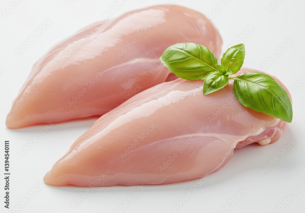 Two raw chicken breasts with basil leaves on a white surface ready to be cooked for dinner tonight Two raw chicken breasts with basil leaves on a white surface ready to be cooked for dinner tonight