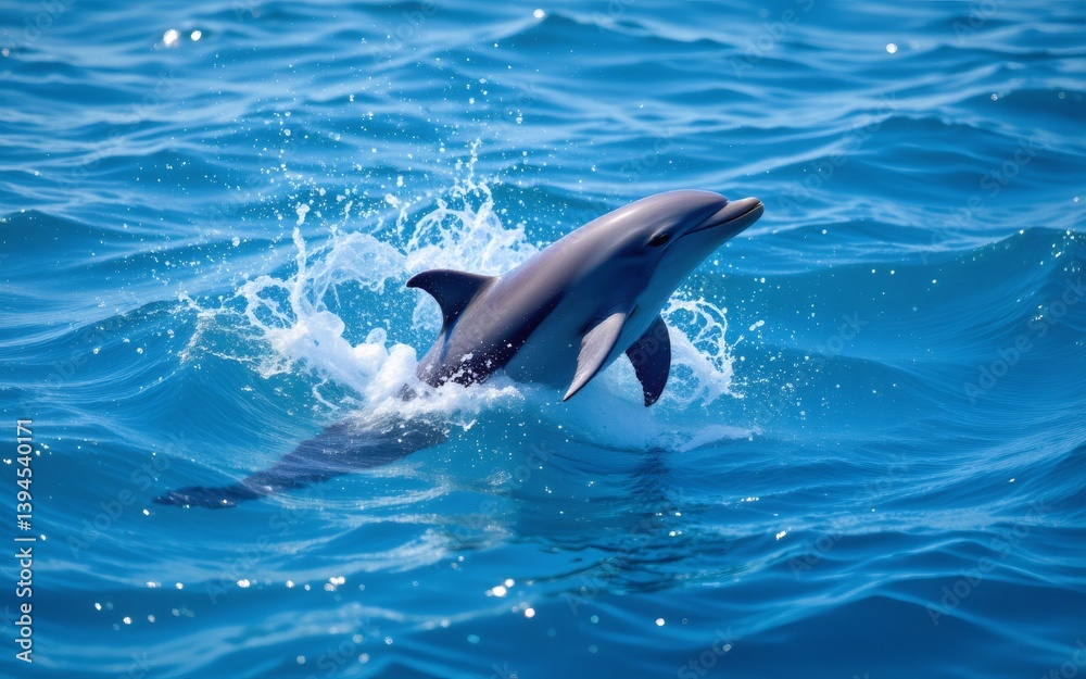 Naklejka premium A dolphin gracefully leaps above the ocean surface, creating splashes in the clear blue water
