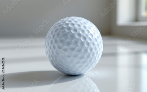 A single white golf ball with a textured surface, resting on a smooth, reflective surface