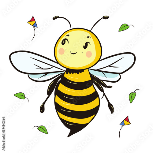 Children's drawing style. Bee among leaves and flying kites. Can be used as an independent illustration or as an element for creating a composition.
