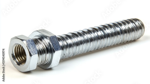 A lone metal nut positioned on a white surface, commonly called a female screw