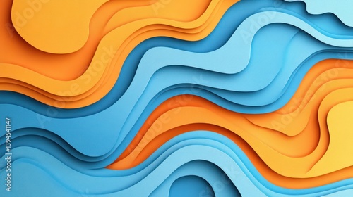 Abstract layered wavy shapes in orange and blue colors.