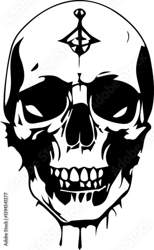 Creepy skull. Spooky tattoo sketch with grunge human skull