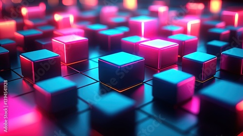 Abstract neon cubes, geometric pattern,  glowing blocks,  modern design,  futuristic technology,  digital art,  3d rendering,  bright colors,  pink,  blue,  shapes,  light effects,  