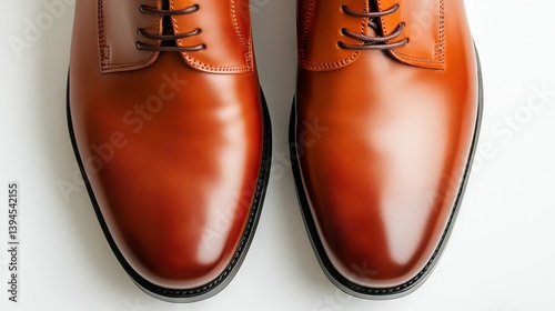 A pair of custom-made men's timeless leather shoes exhibited on a white canvas