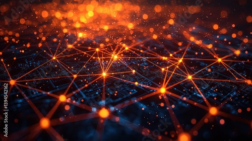 Abstract network graphic, interconnected nodes and lines, digital city, glowing orange and blue lights, technology background,