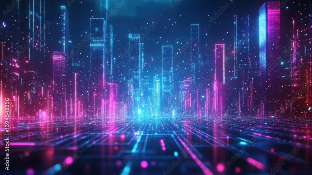 A vibrant, futuristic cityscape with glowing skyscrapers and a digital aesthetic, featuring vivid pink and blue lights against a dark background. A vibrant, futuristic cityscape with glowing skyscrapers and a digital aesthetic, featuring vivid pink and blue lights against a dark background.