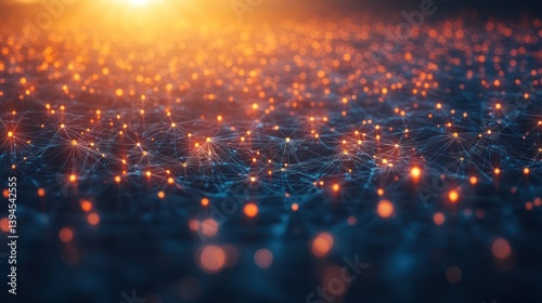 Abstract network of glowing points and lines, creating a digital landscape with warm orange highlights.