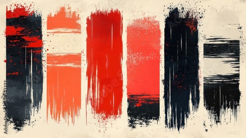 Abstract paint strokes in various colors, including red, orange, and black, on a light beige background.