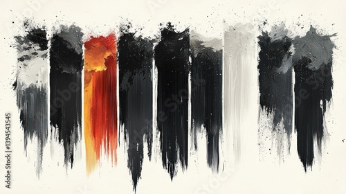 Abstract painted vertical stripes of various shades of black, gray, and white, with one vivid orange/red stripe in the center, on a light beige background.