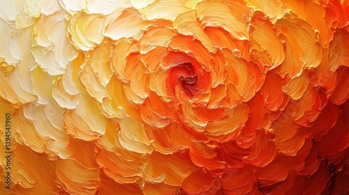 Abstract painting, textured swirls of orange and cream colors.
