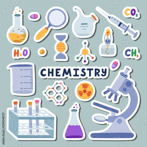 Cute sticker set with cartoon chemistry, science and laboratory clipart for planners, notebooks. Ready for print list of cute stickers. Lab equipment for chemical, genetic, medical experiment, study.