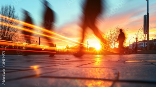 Blurred people walking in sunset