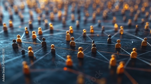 Abstract representation of a large interconnected network of people.  A multitude of tiny figures are linked by a network of lines.