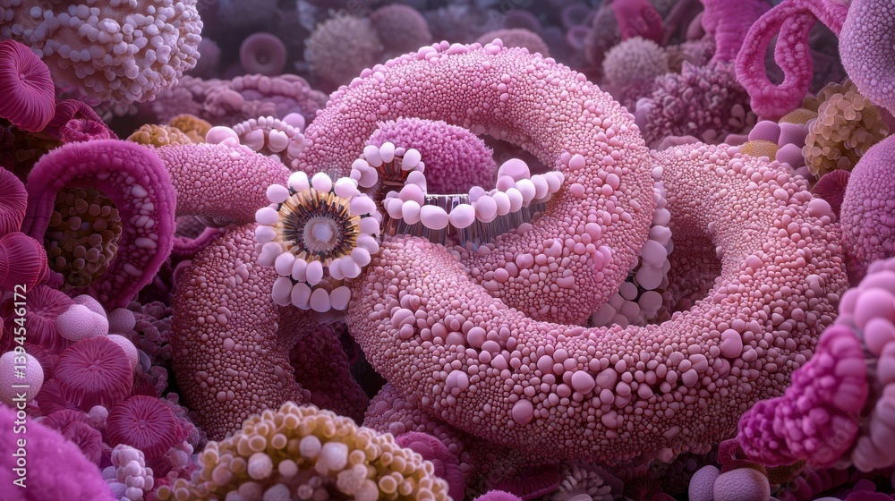 Fototapeta premium A digital illustration of a coral reef, featuring a variety of coral species in shades of pink, purple, and orange.