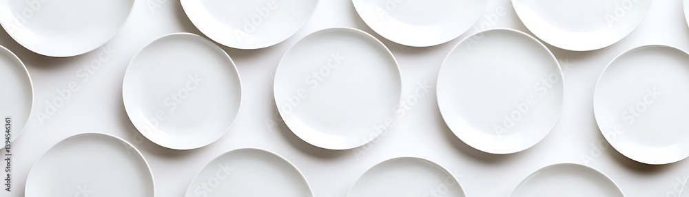 Fototapeta premium Empty white plates arranged on white background, minimalist food photography, clean design, tableware display
