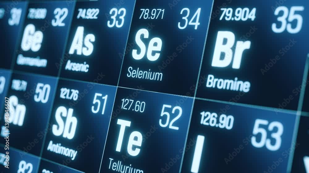 Periodic table of the elements. Oxygen, sulfur, tellurium, selenium. System, material, chemical, atomic number, weight, material, science, education. 3D animation
