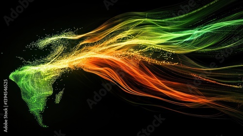 Abstract swirling lines and particles form a dynamic representation of the Earth's continents, glowing with vibrant colors, against a dark background.