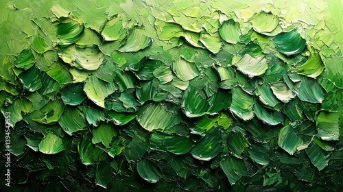 Abstract textured green paint strokes forming a leaf-like pattern. Gradient color from light to dark green.
