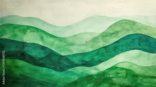 Abstract watercolor painting of green mountains. Soft, blended shades of green create a landscape effect.