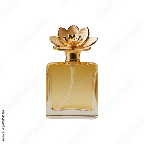 Elegant fragrance bottle designed with a floral cap resting on a reflective surface in a softly lit environment