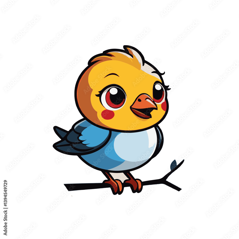Fototapeta premium Cheerful cartoon bird perched on a branch in a vibrant, playful design with bright colors and expressive features