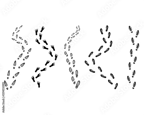 Foot trail set. Human footprints.  Step footprints paths, Illustration. Isolated on white background