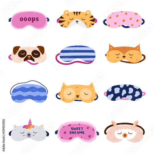 Big cartoon childish and feminine sleeping mask set with animal head, trendy pattern, lettering. Lovely hand drawn patterned eye mask for kids, women. Bedtime accessory for good night, comfort rest.