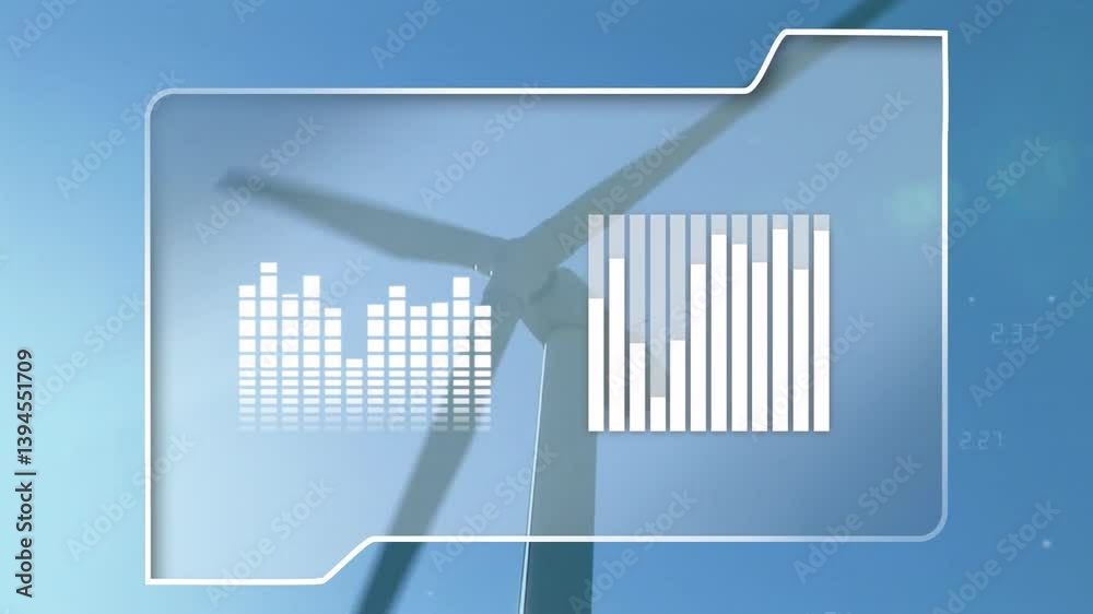 Wind turbine with animation of data graphs overlaying blue sky background Wind turbine with animation of data graphs overlaying blue sky background