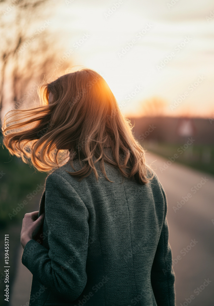 Young woman walking in sunset light. Rear view with motion blur and natural colors, AI-generated visual concept of solitude, nature and self-reflection at golden hour.