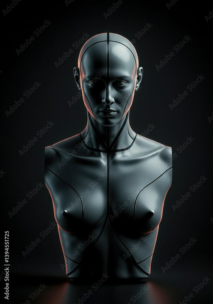 Futuristic mannequin bust in dark environment. Conceptual 3D sculpture in sci-fi aesthetic, human form, artificial intelligence and cybernetic minimalism for creative visuals.