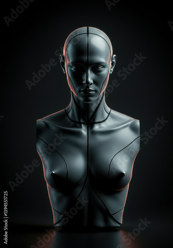 Obraz na płótnie Futuristic mannequin bust in dark environment. Conceptual 3D sculpture in sci-fi aesthetic, human form, artificial intelligence and cybernetic minimalism for creative visuals. w salonie