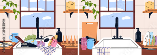Dirty and clean kitchenware. Dishes before and after washing, cleaning. Heap of messy plates, cups, utensils in sink to wash. Kitchen washstand with tableware and empty. Flat vector illustrations
