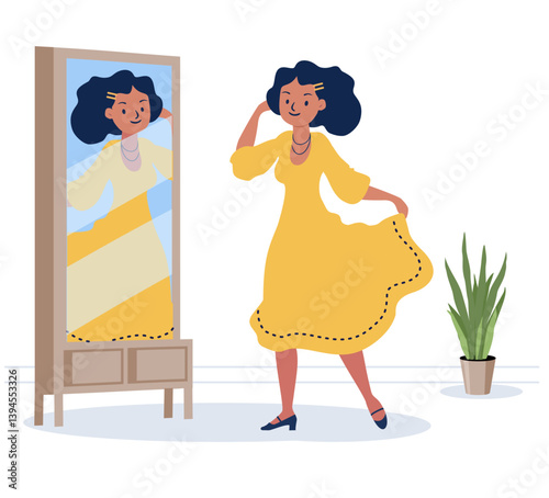 Girl trying on new dress. Young woman standing in front of mirror, looking at reflection. Happy female cartoon character in elegant clothes. Flat illustration