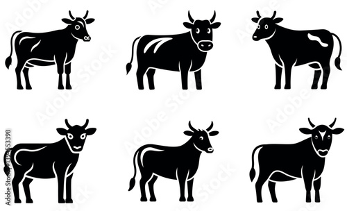 Simple Black and White Icons of Various Cow Breeds