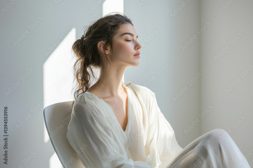 A serene woman in white rests peacefully, bathed in soft light, evoking tranquility and a sense of inner peace. A serene woman in white rests peacefully, bathed in soft light, evoking tranquility and a sense of inner peace.