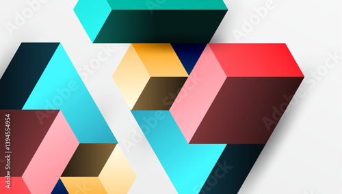 Abstract geometric composition. Intersecting colorful cuboids create dynamic visual effect. Shapes overlap, forming complex patterns. Modern design, vibrant hues, clean lines.